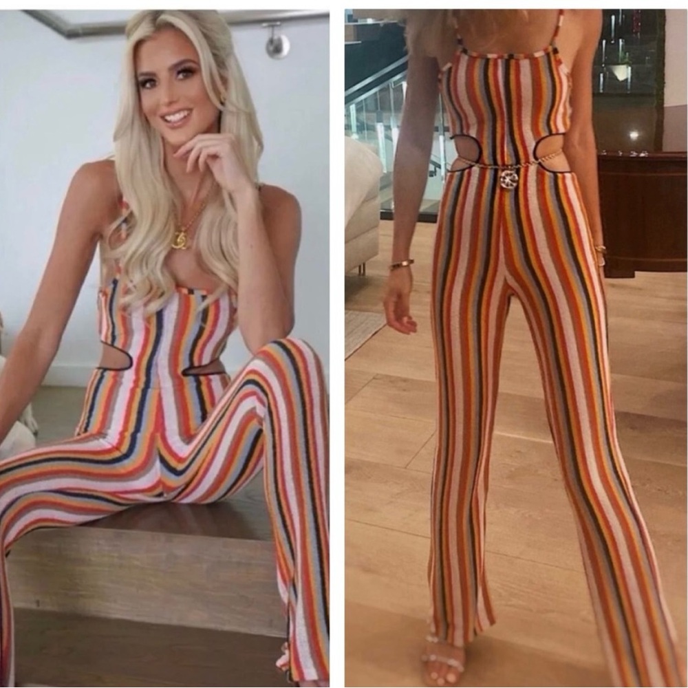 ZARA Terrycloth Cut Out Stripped Knit Flare Jumpsuit Size S